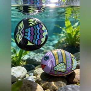 Hand crafted painted fish rocks set of 2 blue purple black yellow dots 2x2 inch